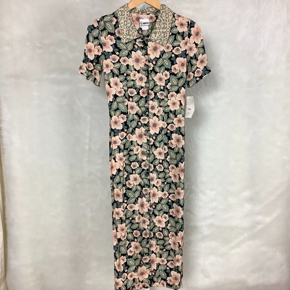 Vintage 90s Fiasco Grunge Pink Peach, Blue, Black Floral Button Front Dress XXS - Picture 1 of 6